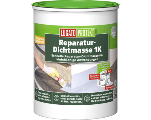 Lugato Protekt Reparatur Dichtmasse 1K für kleinflächige Anwendungen, faserverstärkt und wetterfest für Dach, Balkon und Terrasse.