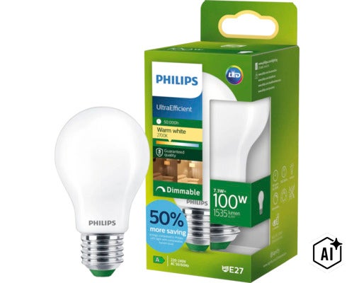 Philips UltraEfficient LED Lampe mit E27 Sockel, 7,3 Watt ersetzt 100 Watt, warmweißes Licht, dimmbar (Image AI modified or generated)