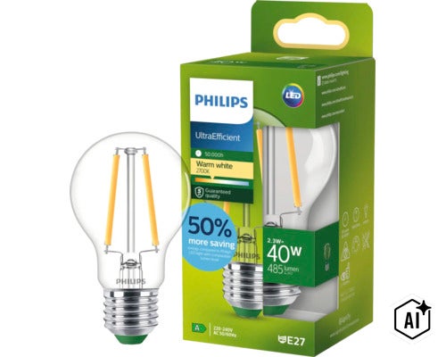 Philips UltraEfficient LED Filament Lampe E27, 2,3 Watt, 485 Lumen, warmweiß 2700 Kelvin, Lebensdauer 50000 Stunden, ersetzt 40 Watt. (Image AI modified or generated)