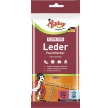 Poliboy Leder Feuchttücher zur Reinigung und Pflege von Glattleder, inklusive Hinweis auf Kunststoff im Produkt und Entsorgungshinweis.