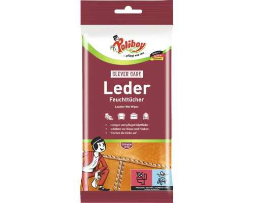Poliboy Leder Feuchttücher zur Reinigung und Pflege von Glattleder, inklusive Hinweis auf Kunststoff im Produkt und Entsorgungshinweis.