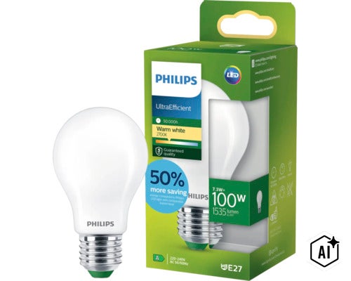 Philips LED Lampe E27 7.3 Watt 1535 Lumen warmweiß 2700 Kelvin in Verpackung (Image AI modified or generated)