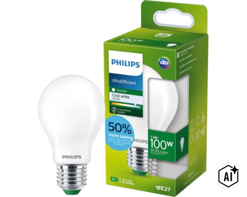 Philips UltraEfficient LED Lampe E27, 7,3 Watt, entspricht 100 Watt, 1535 Lumen, 4000 Kelvin, neutralweißes Licht, lange Lebensdauer (Image AI modified or generated)