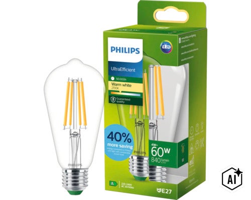 Philips UltraEfficient LED Filament Lampe E27, 4 Watt, 840 Lumen, warmweiß 2700 Kelvin, Lebensdauer 50000 Stunden, ersetzt 60 Watt. (Image AI modified or generated)