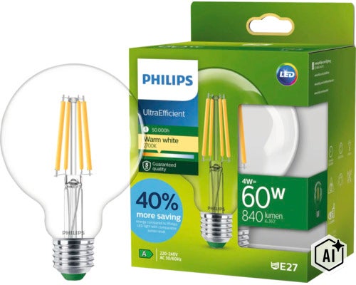 Philips UltraEfficient LED Lampe mit E27 Sockel, 4 Watt Leistung, 840 Lumen Lichtstrom, 2700 Kelvin warmweißes Licht, 50000 Stunden Lebensdauer. (Image AI modified or generated)