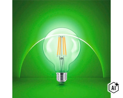 Philips LED Glühbirne in Kugelform mit sichtbaren Leuchtfäden (Image AI modified or generated)