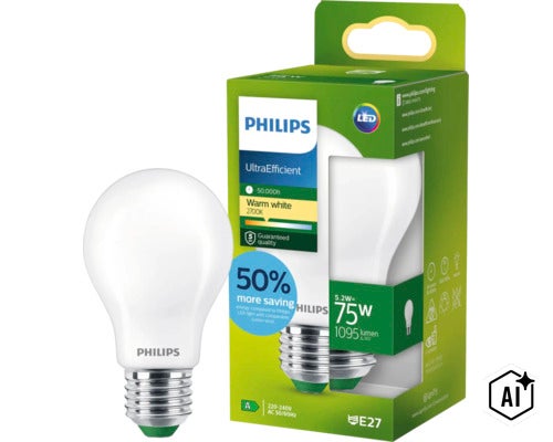 Philips UltraEfficient LED Lampe 5.2 Watt ersetzt 75 Watt 1095 Lumen warmweiß 2700 Kelvin E27 Sockel (Image AI modified or generated)