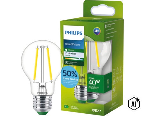 Philips UltraEfficient LED Filament Lampe E27, 2,3 Watt, entspricht 40 Watt, 485 Lumen, 4000 Kelvin, kühles weißes Licht in Glaskolben. (Image AI modified or generated)