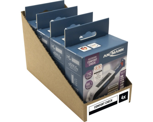 Vier Ansmann Comfort Check Batterietester in einer Verkaufsverpackung