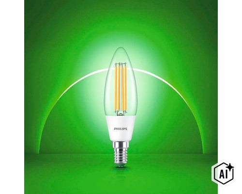 Philips LED Kerzenlampe mit E14 Sockel und sichtbaren Filamentfäden in transparenter Ausführung (Image AI modified or generated)