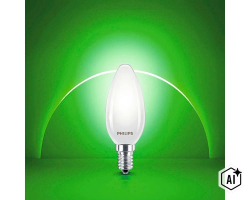 Philips LED Kerzenlampe E14 matt mit Philips Logo (Image AI modified or generated)