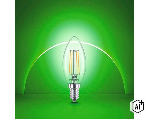 Philips LED Kerzenlampe mit E14 Sockel und sichtbaren Filamentfäden im Glaskolben (Image AI modified or generated)