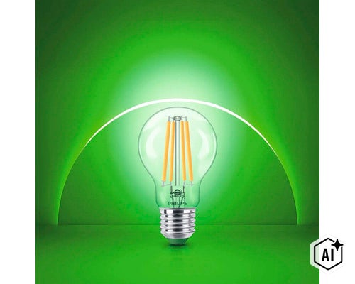 Philips LED Filament Glühlampe mit E27 Sockel und klarer Glaskolbenform (Image AI modified or generated)