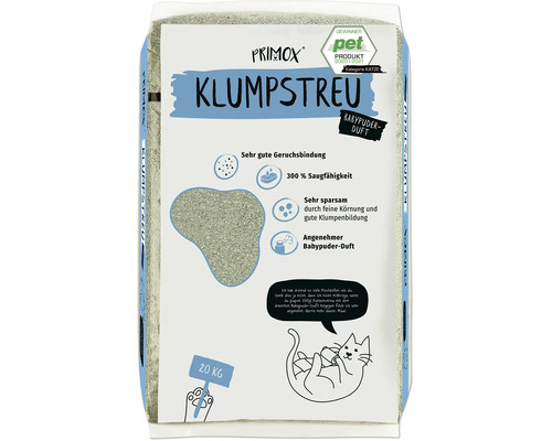 Primox Klumpstreu für Katzen mit Babypuderduft, 20 Kilogramm Packung, stark saugfähig und geruchsbindend, ergiebig durch feine Körnung.