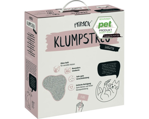 Primox Klumpstreu Sensitiv Katzenstreu in 8 Kilogramm Kartonverpackung für sensible Katzen ohne Duft und staubarm