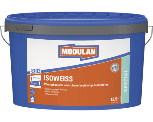 Modulan Isoweiss Isolierfarbe 12.5 Liter Farbeimer für wasserbasierte Fleckenisolierung mit hohem Weissgrad