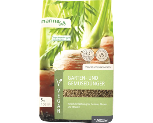 Manna Bio Garten und Gemüsedünger vegan für ökologischen Landbau, 5 Kilogramm Packung für 50 Quadratmeter mit organischem Langzeitdünger