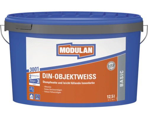 Modulan DIN Objektweiss 12,5 Liter Eimer Innenfarbe mit stumpfmatter Oberfläche für gute Deckkraft