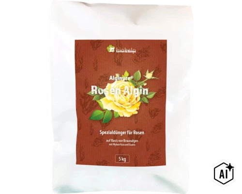 Biohelp Rosen Algin Spezialdünger für Rosen, 5 Kilogramm Sack mit Algen, Mykorrhiza und Guano. (Image AI modified or generated)