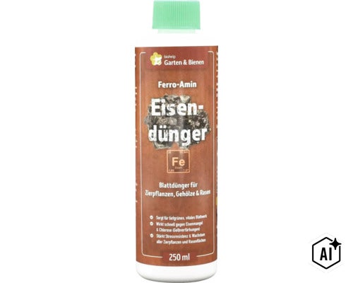 Biohelp Ferro Amin Eisendünger 250 Milliliter Blattdünger für Zierpflanzen Gehölze und Rasen gegen Eisenmangel (Image AI modified or generated)
