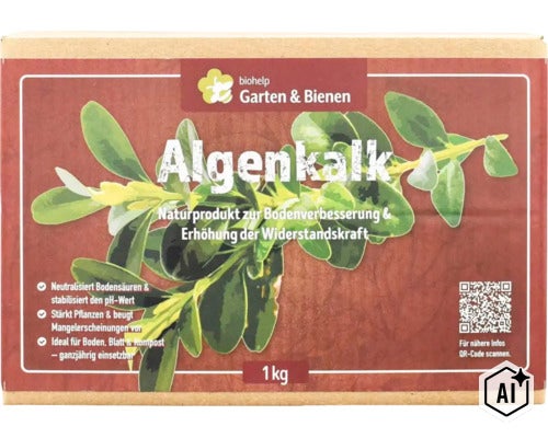 Biohelp Algenkalk zur Bodenverbesserung in der 1 Kilogramm Packung. (Image AI modified or generated)