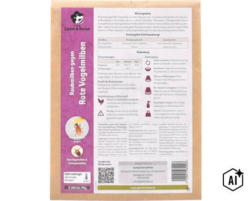 Biohelp Raubmilben gegen Rote Vogelmilben zur biologischen Schädlingsbekämpfung mit Anwendungshinweisen auf der Verpackung. (Image AI modified or generated)