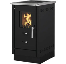 Kaminofen mit Sichtfenster und brennendem Feuer im Inneren sowie Metallelementen auf einem quadratischen Sockel