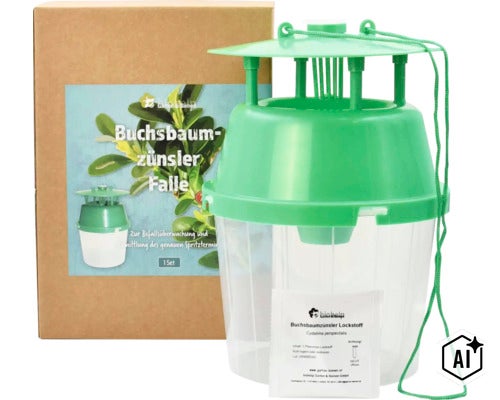 Buchsbaumzünsler Falle mit Pheromon Lockstoff zur Befallsüberwachung und Bekämpfung des Buchsbaumzünslers inklusive Umverpackung. (Image AI modified or generated)