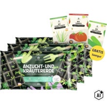Anzuchterde und Kräutererde im Beutel mit kostenlosem Bio Saatgut für Tomaten, Schnittlauch und Salatgurken. (Image AI modified or generated)