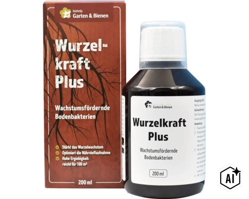Biohelp Wurzelkraft Plus Bodenbakterien zur Wachstumsförderung in einer 200 Milliliter Flasche mit Umkarton. (Image AI modified or generated)