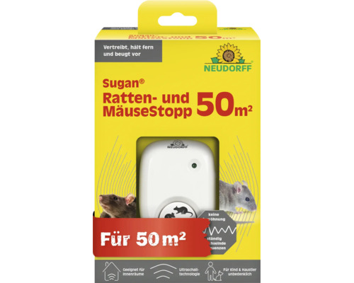 Neudorff Sugan Ratten- und MäuseStopp Ultraschallgerät zur Abwehr von Nagetieren in Innenräumen für bis zu 50 Quadratmeter Fläche.
