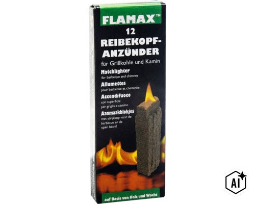 Flamax 12 Reibekopfanzünder auf Basis von Holz und Wachs für Grillkohle und Kamin (Image AI modified or generated)
