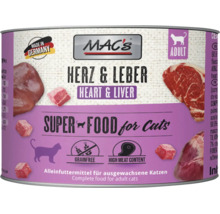 MACs Katzenfutter Herz und Leber in der Dose, getreidefreies Alleinfuttermittel mit hohem Fleischanteil für ausgewachsene Katzen.