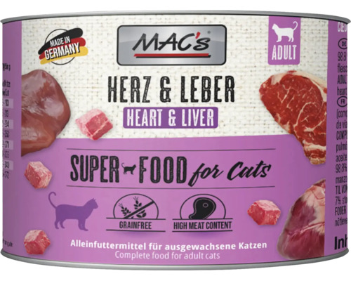 MACs Katzenfutter Herz und Leber in der Dose, getreidefreies Alleinfuttermittel mit hohem Fleischanteil für ausgewachsene Katzen.