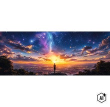 Wandbild mit Motiv einer Person auf einem Berg vor einem nächtlichen Sternenhimmel mit Wolken über einer beleuchteten Stadtlandschaft. (Image AI modified or generated)