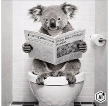 Ein Koala sitzt auf einer Toilette in einem gefliesten Badezimmer und liest eine Zeitung. (Image AI modified or generated)
