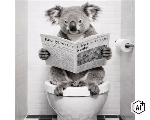 Ein Koala sitzt auf einer Toilette in einem gefliesten Badezimmer und liest eine Zeitung. (Image AI modified or generated)