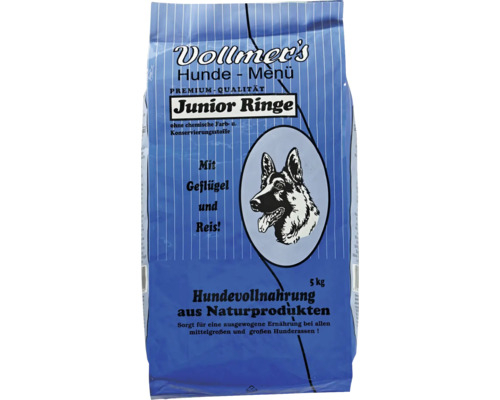 Vollmer's Hundemenü Junior Ringe Hundefutter mit Geflügel und Reis, 5 Kilogramm Sack für mittelgroße und große Hunderassen.
