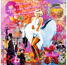 Wandbild mit Pop Art Collage, zeigt Marilyn Monroe, Charlie Chaplin und Albert Einstein in einem graffiti-artigen, bunten Kunstwerk für die Wand. (Image AI modified or generated)