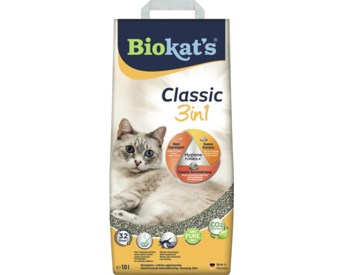 Biokat's Classic 3in1 Klumpstreu für Katzen in der 10 Liter Packung mit Hygieneformel für Geruchsbindung und feste Klumpenbildung.