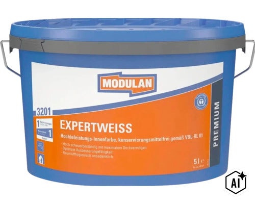Modulan Expertweiss Hochleistungs-Innenfarbe 5 Liter im Eimer für Wände und Decken. (Image AI modified or generated)