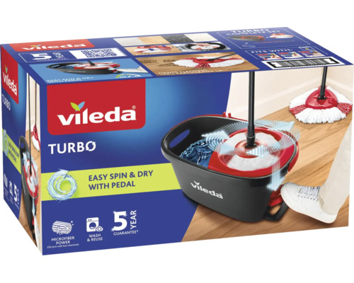Vileda Turbo Wischmop Set mit Eimer und Pedal-Schleuder für effiziente Bodenreinigung.