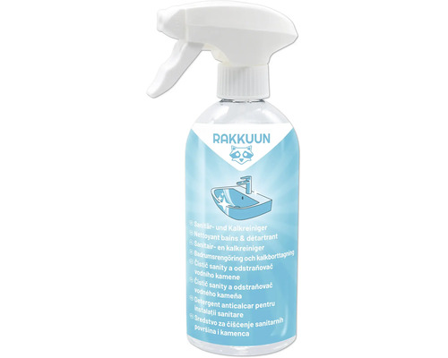 Rakkuun Sanitär und Kalkreiniger in der Sprühflasche zur Reinigung von Badarmaturen und Waschbecken.