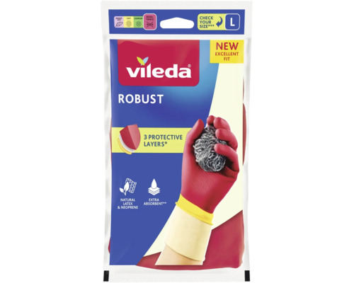 Vileda Robust Haushaltshandschuhe Größe L aus Naturlatex und Neopren mit drei Schutzschichten für mehr Komfort und Griffigkeit