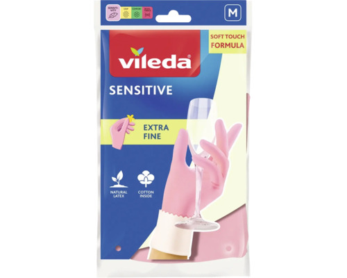 Vileda Sensitive Haushaltshandschuhe Größe M aus Naturlatex mit Baumwollinnenfutter für feinfühliges Arbeiten.