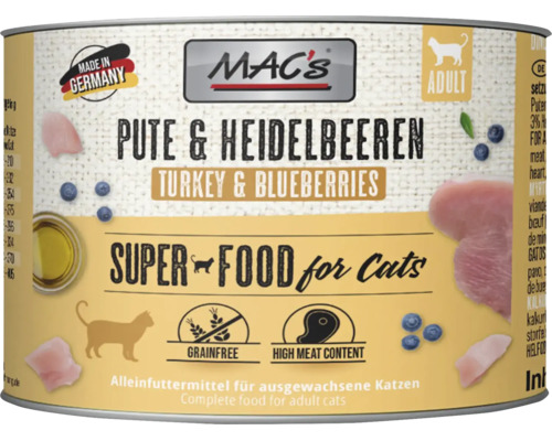 Macs Nassfutter für Katzen Pute und Heidelbeeren in der Dose 800 Gramm für ausgewachsene Katzen getreidefrei mit hohem Fleischanteil