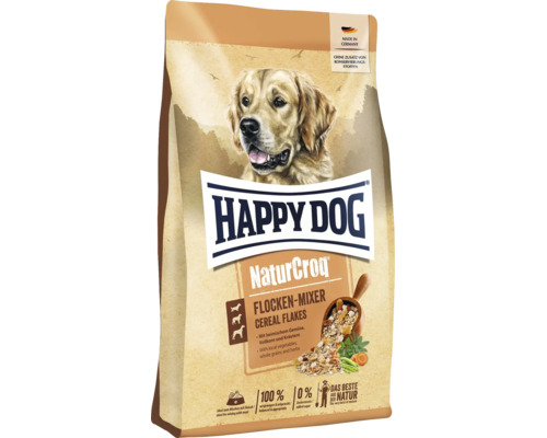 Happy Dog NaturCroq Flocken Mixer Hundefutter aus Vollkorn mit Gemüse und Kräutern in der Produktverpackung