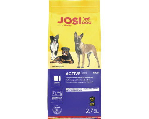 JosiDog Active Hundefutter für aktive erwachsene Hunde, glutenfreie Rezeptur, 2,7 Kilogramm Beutel.