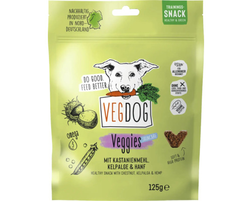 VEGDOG Veggies Hundesnack mit Kastanienmehl Kelpalge und Hanf in einer 125 Gramm Packung
