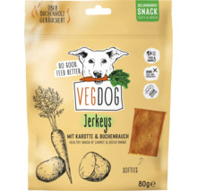 VEGDOG Jerkeys Belohnungssnack für Hunde mit Karotte und Buchenrauch, 80 Gramm Packung, vegetarische Hundeleckerlis ohne Farb- und Lockstoffe.